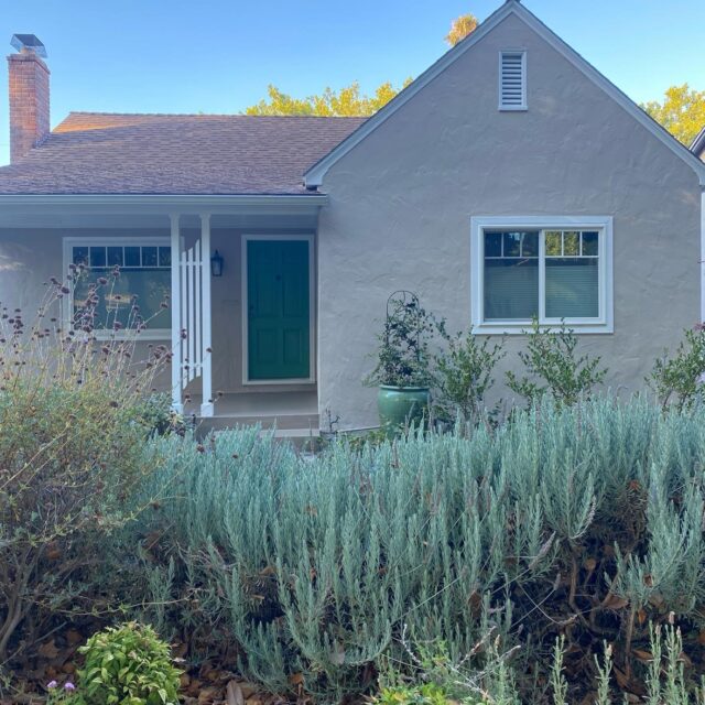 Exterior house painting in Sacramento, CA by Baldwin Custom Painting — gray single-story home with green front door