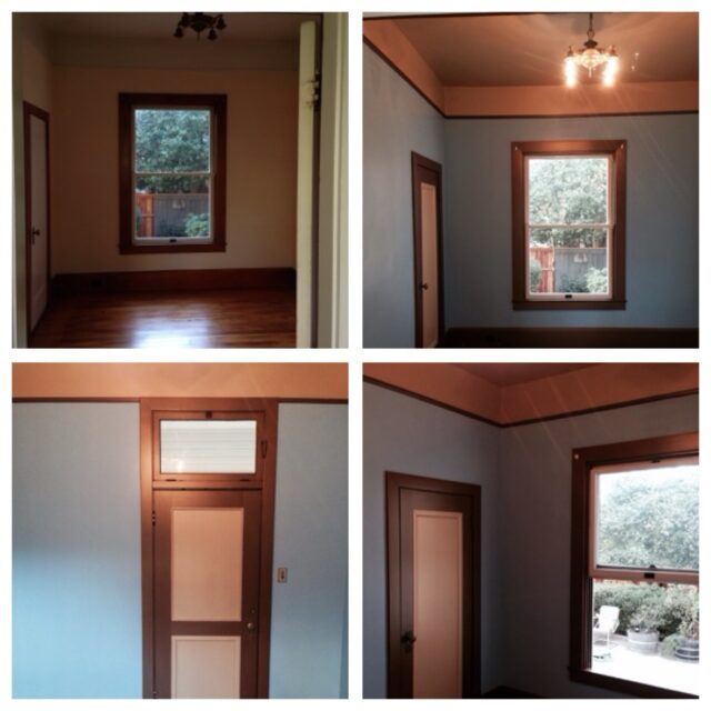 Interior house painting in Sacramento, CA by Baldwin Custom Painting — gray bedroom with dark stained wood window and door trim, chandelier and hardwood floors, shown from multiple angles